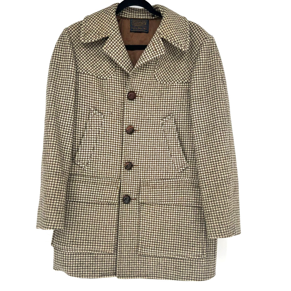 Vintage Pendleton Wool Jacket Tan and Brown Houndstooth Plaid Lined Coat M/L